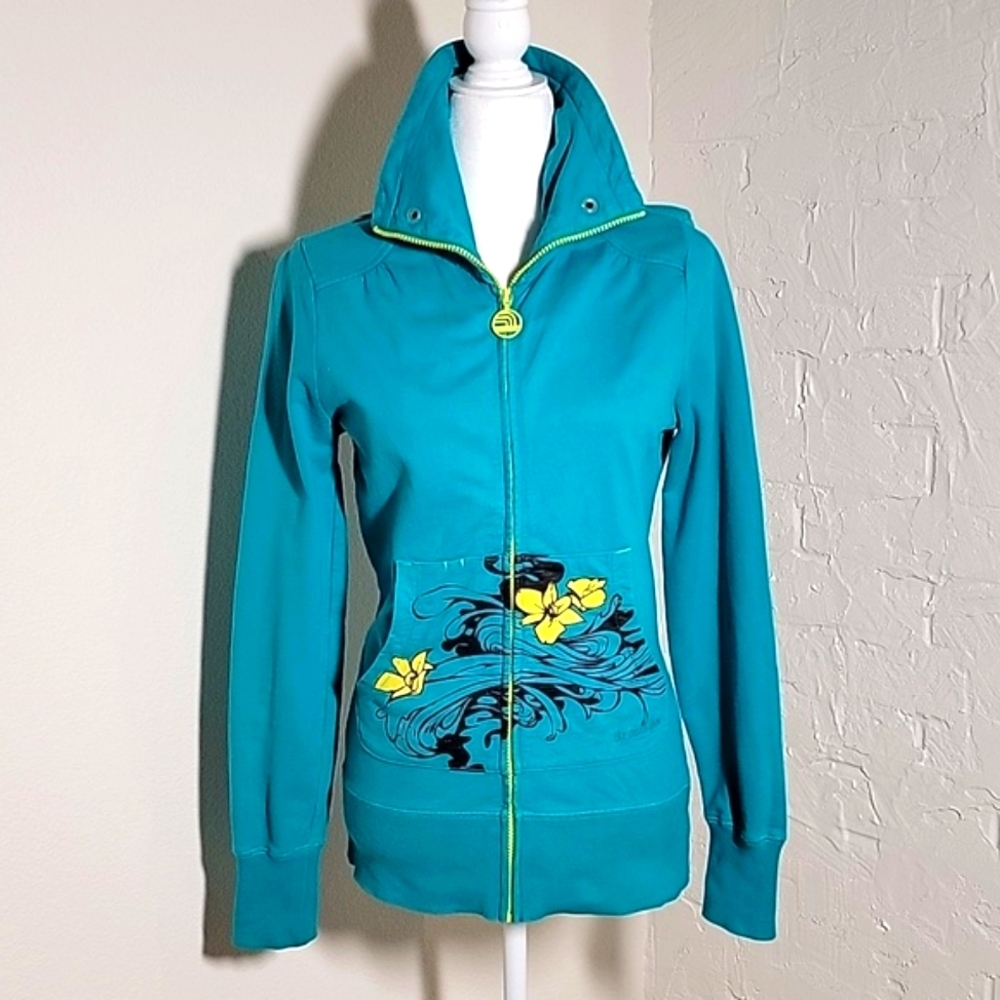 North Face Jacket Coat Full Zip Up Graphic Floral Flowers Turquoise S/P